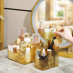 organisateur maquillage transparent moderne élégant brosse maquillage produits cosmétiques rayures verticales vert foncé doré