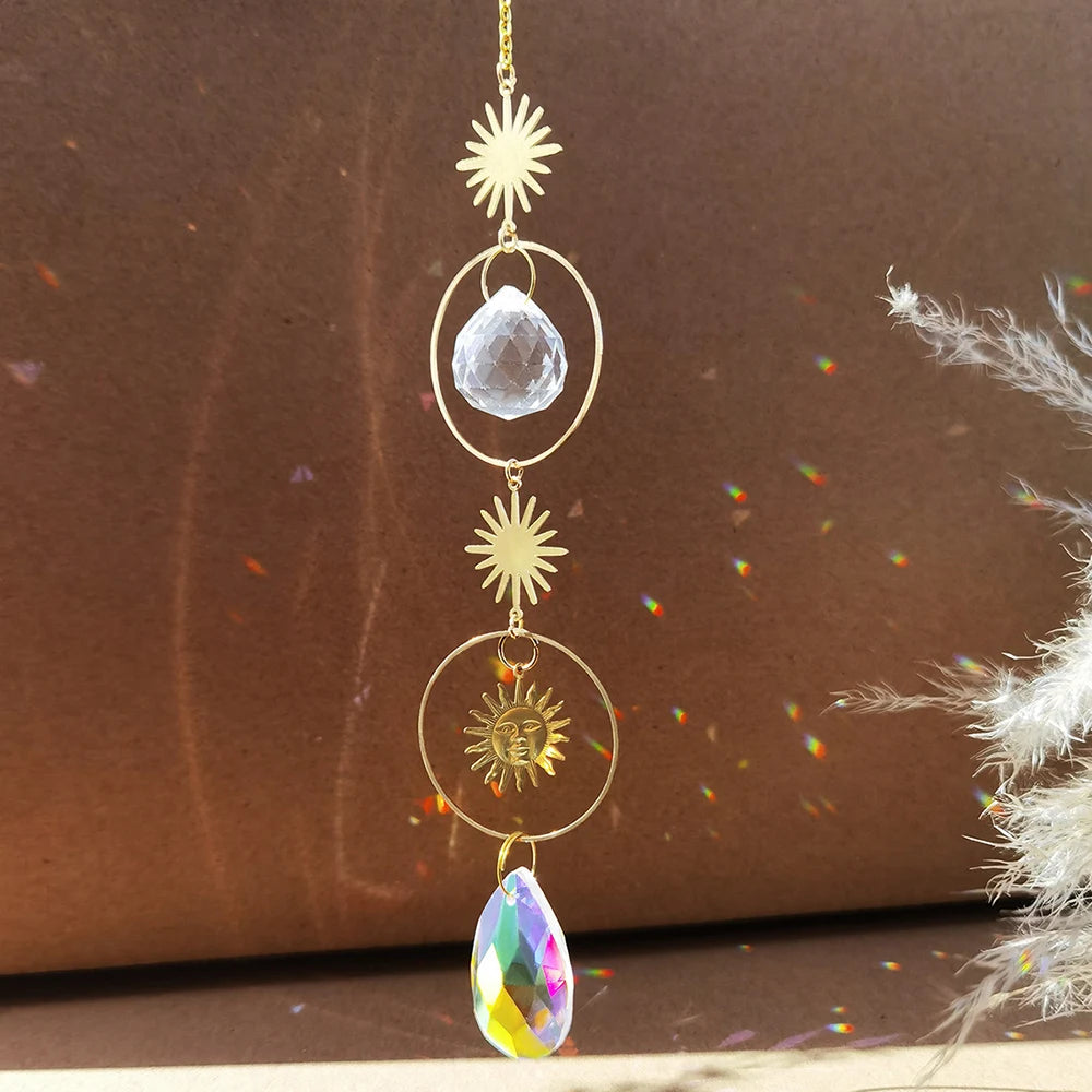 suspension décorative attrape soleil cristal lune soleil étoiles boho extérieur intérieur or transparent