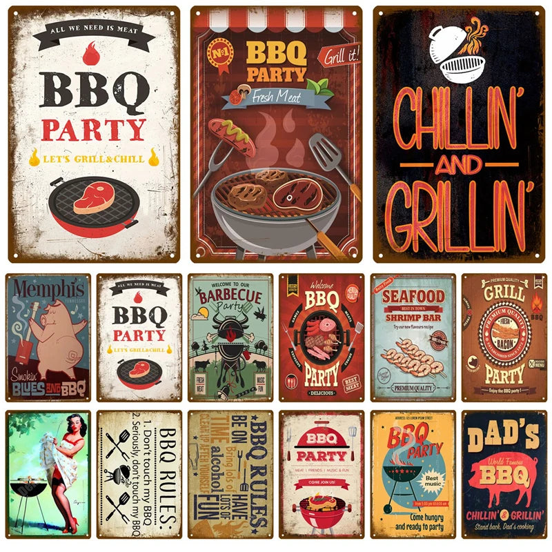 plaque murale décorative métal vintage barbecue viande grillée rétro cuisine jardin pub maison