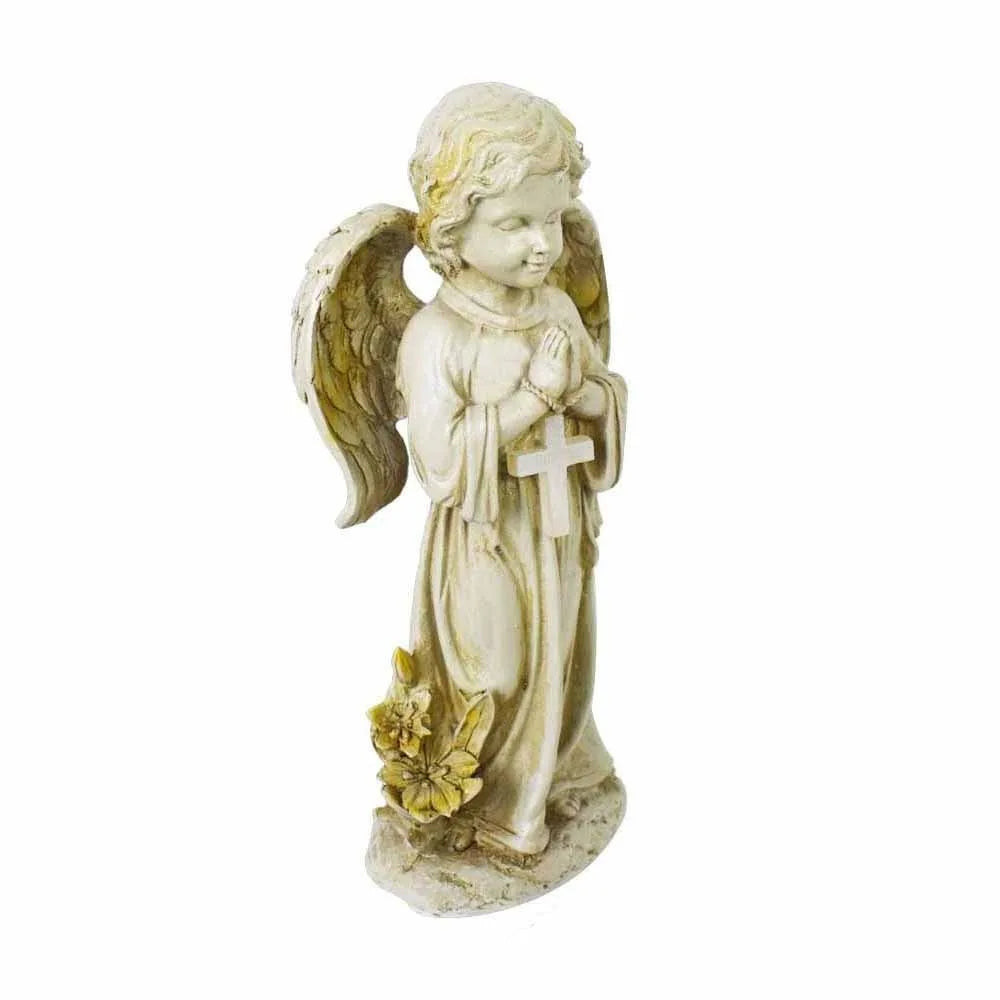 statue ange jardin solaire vieilli plumes croix lumineuse ornement extérieur classique beige doré