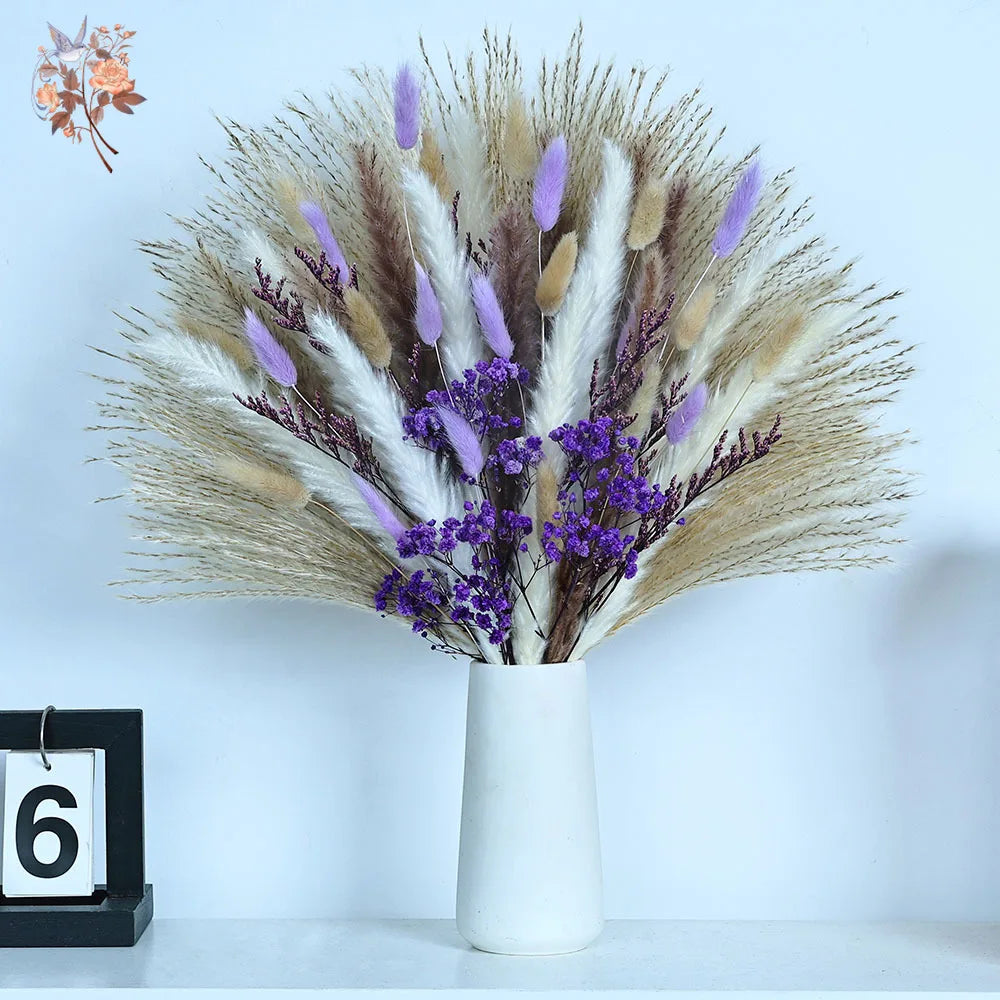 bouquet fleurs séchées naturel pampas violet beige intérieur décoration anniversaire baby showerHomeAssemblier