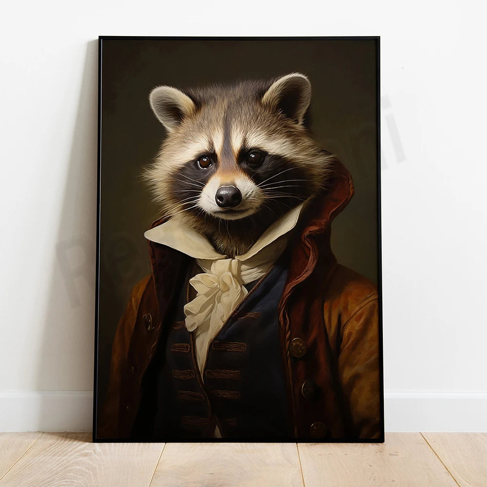 Un raccoon en costume d'époque regarde avec malice depuis son cadre sombre.