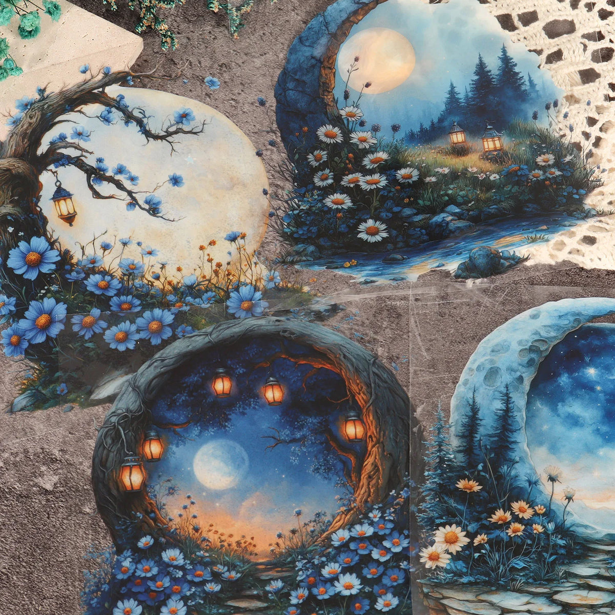 sticker mural paysage nocturne lune arbres fleurs transparent adhésif bleu blanc orange vert