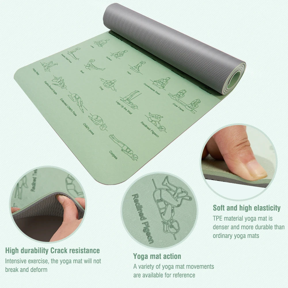 tapis yoga rose gris illustrations postures 6mm moderne opacité cordelette 183x57cm