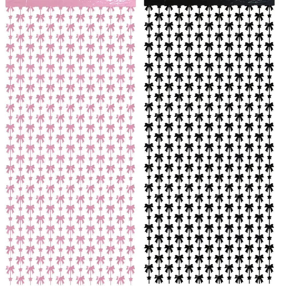 rideau moderne rose noir motif rubans décoration anniversaire mariage baptême fête enfants valentin