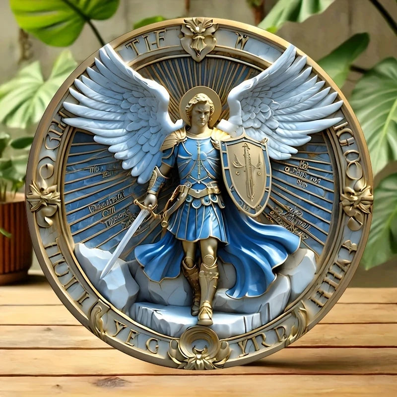 plaque décorative bois relief ange armé bleu doré artisanal classique support pieds