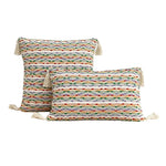 housses coussins carrées jacquard géométriques coton linge adhésives boho chic rouges blanches vertes maison