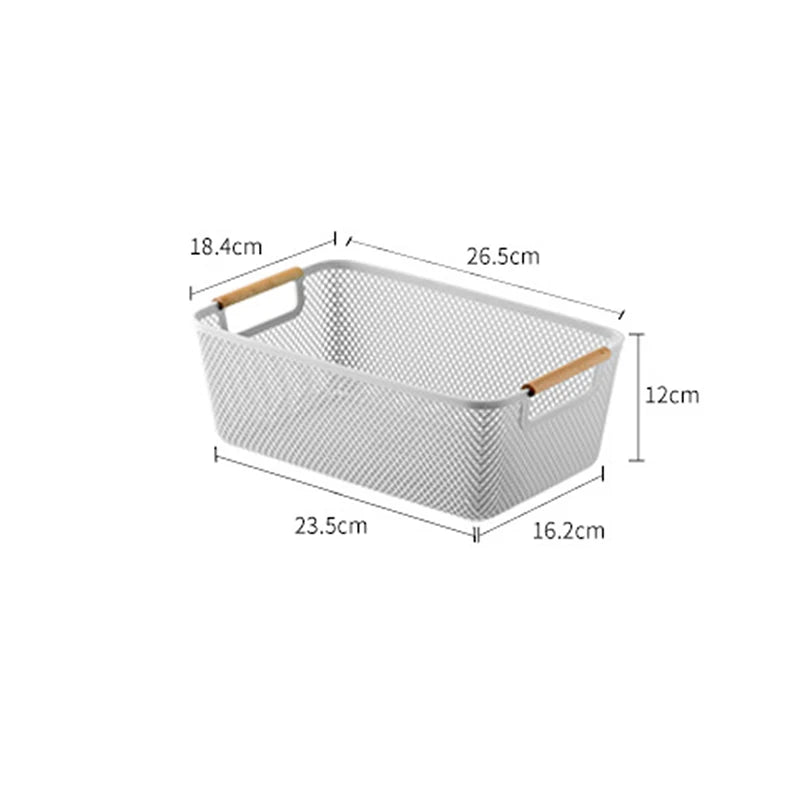 paniers rangement blanc jaune bleu rose noir maille fine moderne pratique poignées bois