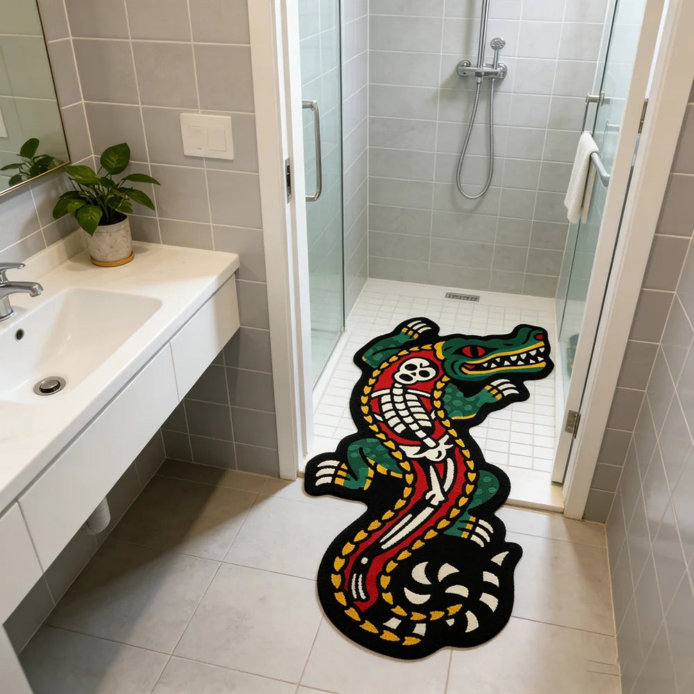tapis moderne vert rouge noir motif crocodile points blancs salon chambre décoration tendance polyester