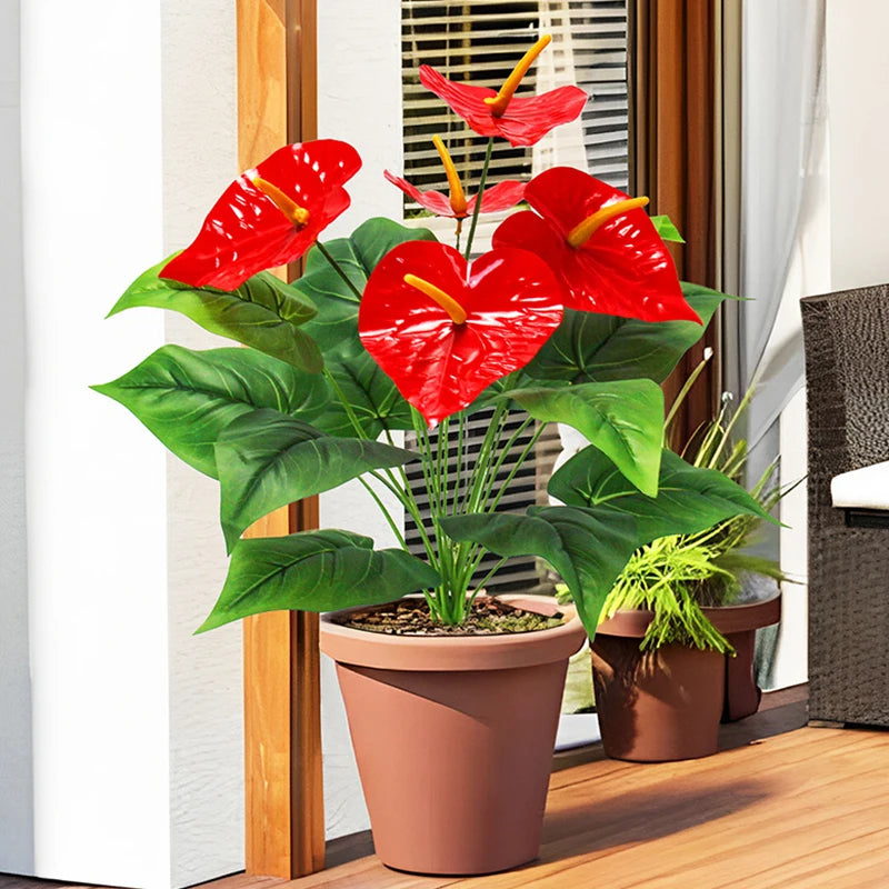 fleurs artificielles anthurium rouge feuilles vertes pots blancs décoration mariage anniversaire extérieur tropical