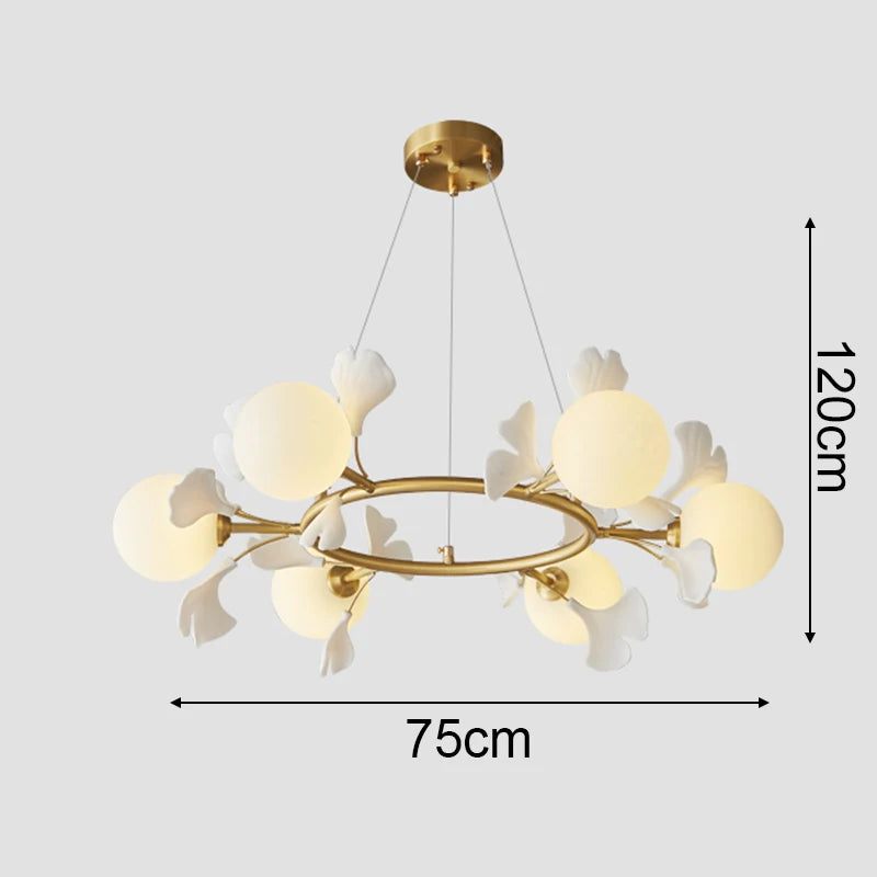 suspension lumineuse or contemporaine boules lumineuses opalescentes fleurs décoratives chambre coucher salon