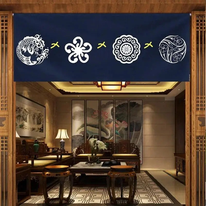 rideau traditionnel japonais bleu marine motifs floraux animaux cuisine machine wash classic