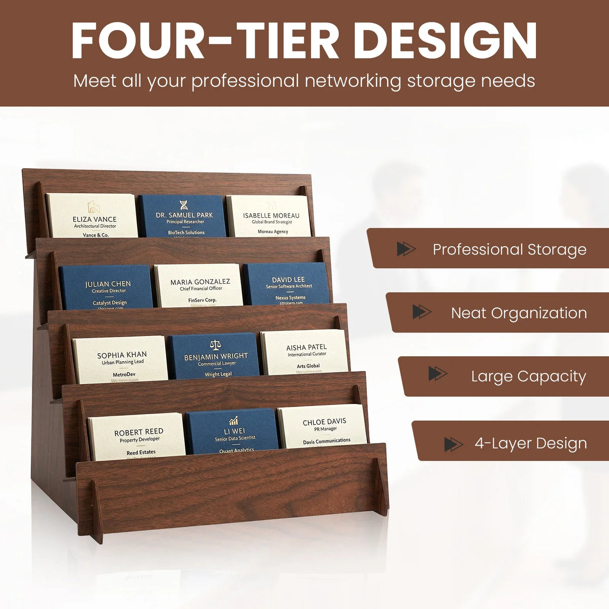 présentoir bois quatre niveaux moderne support cartes visite brochures salons artisanat retail echangiste écologique