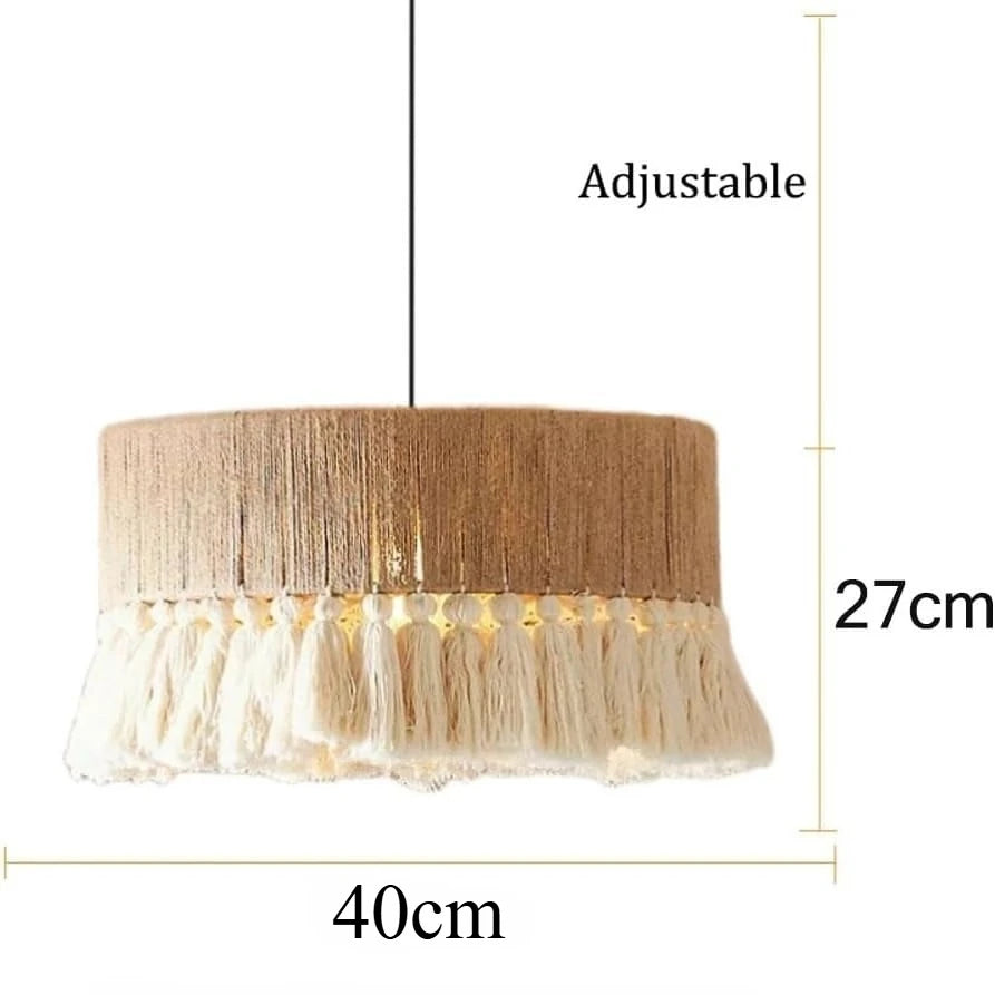 lampe suspendue moderne bohème tissu tressé franges blanches 40cm beige blanc