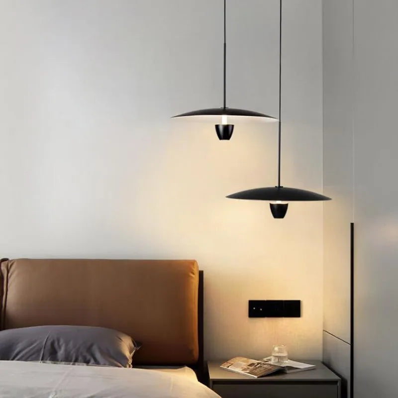 luminaire suspendu moderne minimaliste noir blanc abat jour disque élément décoratif câble fixation flux