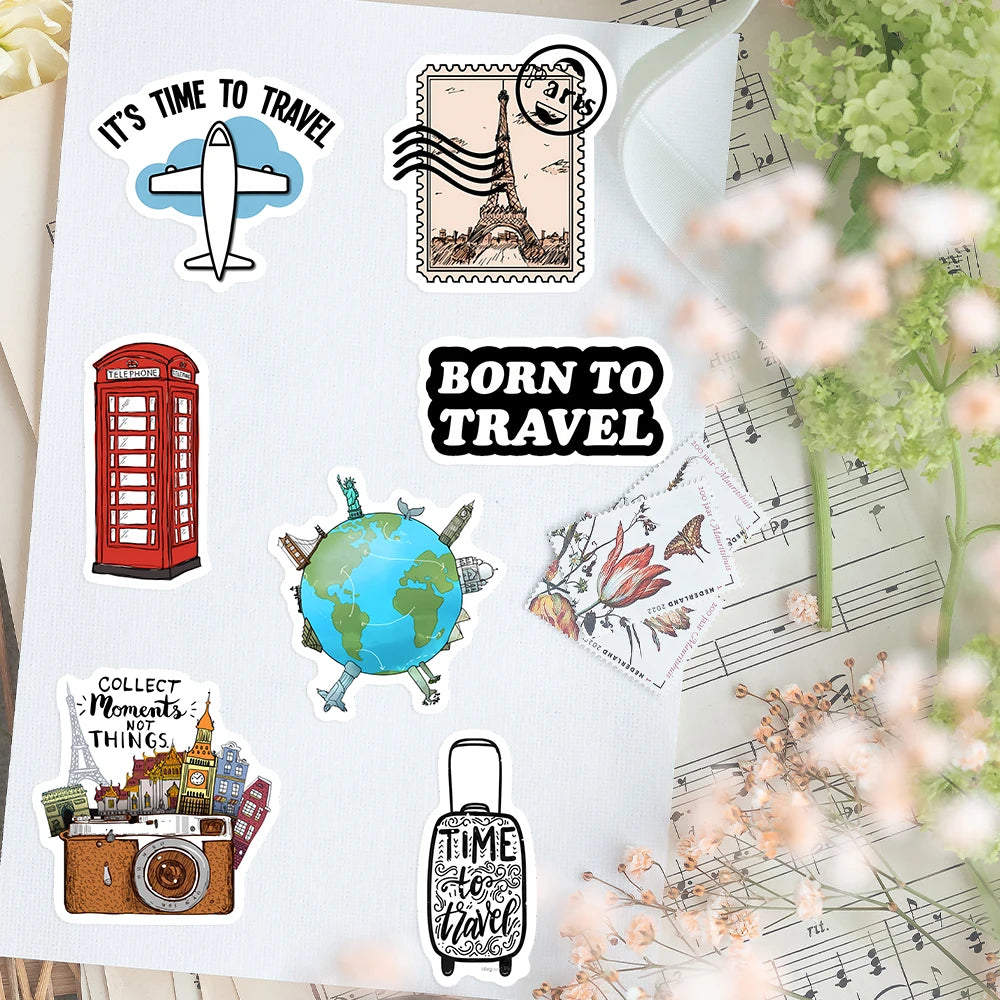 sticker voyage multicolore transparent adhésif illustration vectorielle globe caméra carte billet avion adultes adolescents