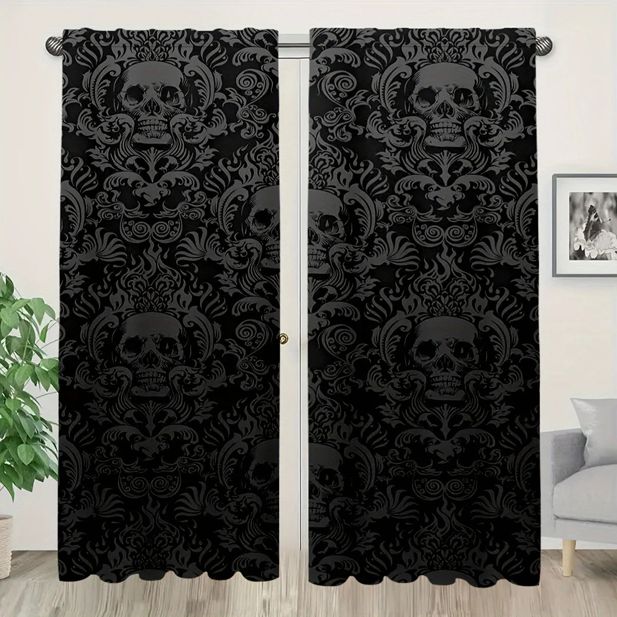 rideau gothique crânes stylisés noir gris opacité moderne deux panneaux polyester chambre bureauhôtel