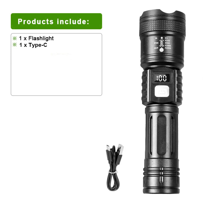 lampe torche rechargeable led 30w zoom longue portée noir affichage numérique