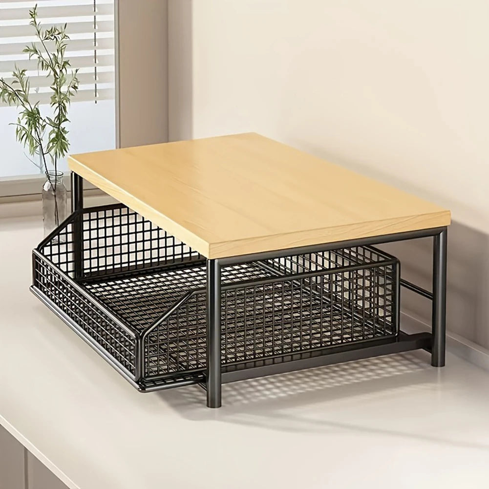 organisateur comptoir acier blanc noir paniers coulissants plateau imitation bois rangement cuisine étagère multifonction