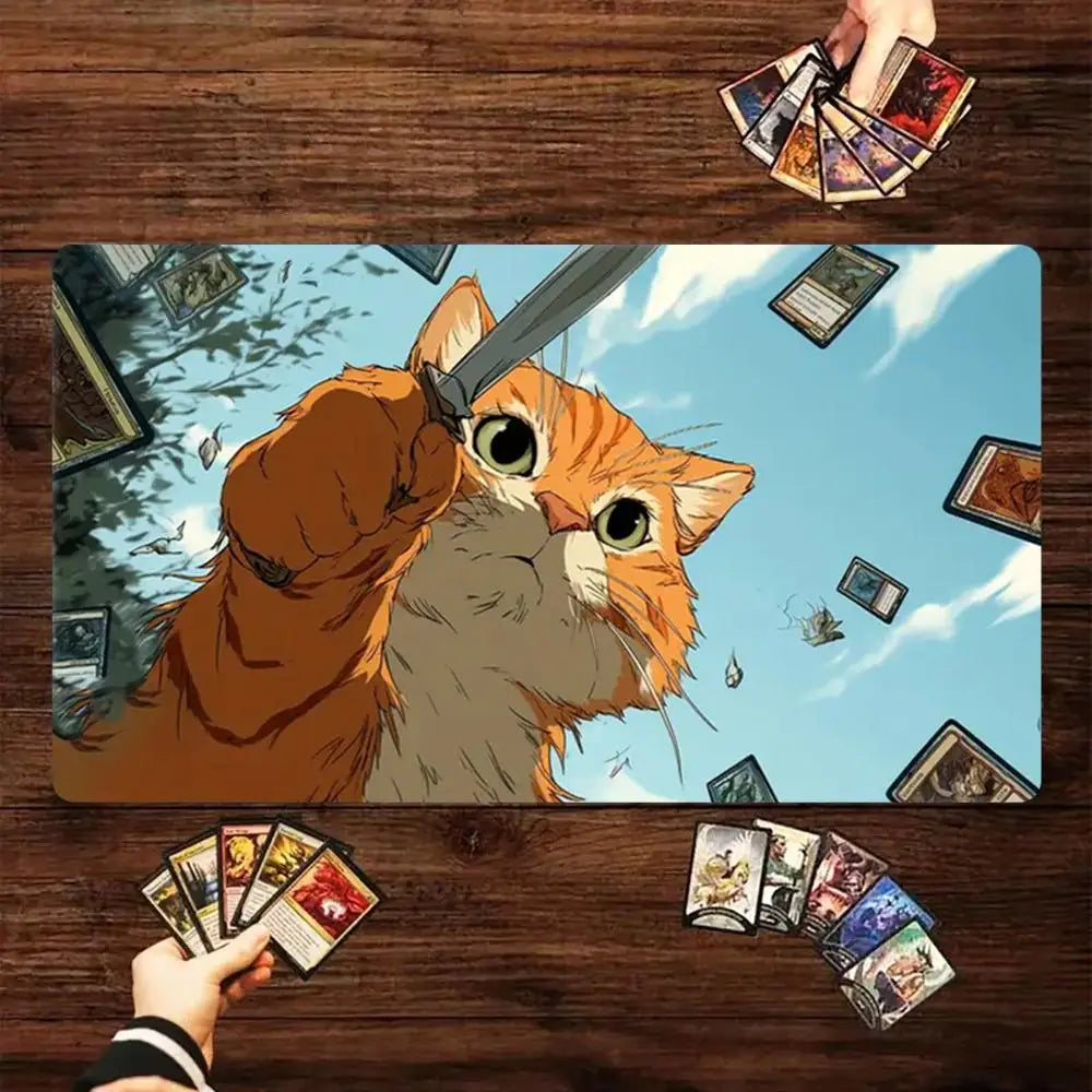 tapis jeu playmat chat épée cartes géométrique orange noir rouge illustration animateur
