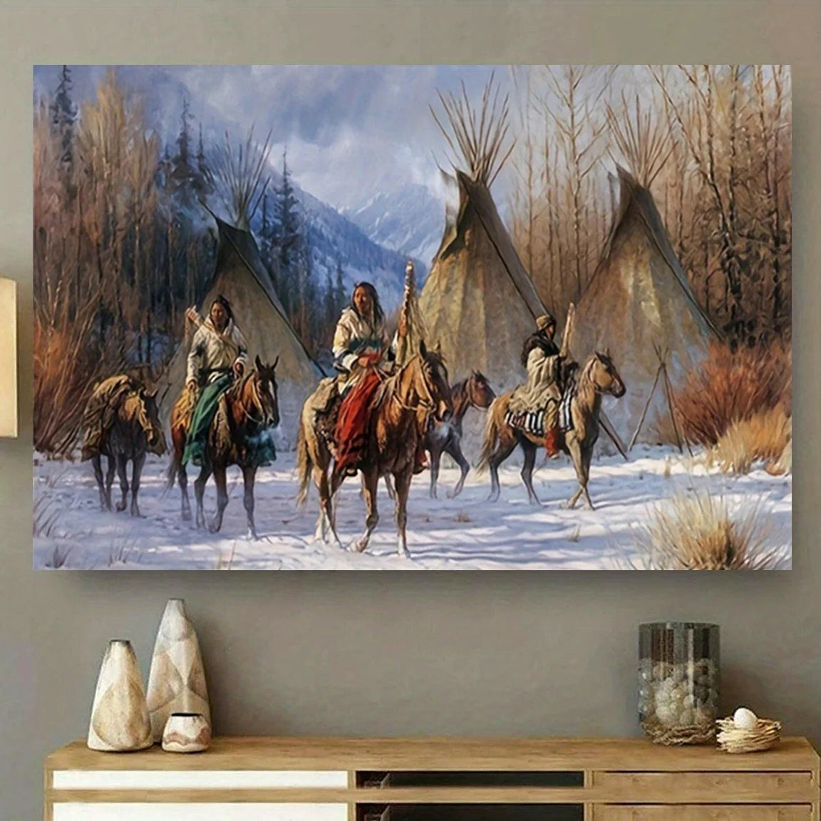 toile d'art multicolore personnages indiens chevaux tipis peinture huile ethnique réaliste clips