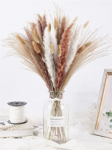 bouquet fleurs séchées herbe pampa naturelle beige blanc rose pâle décoration maison rustique