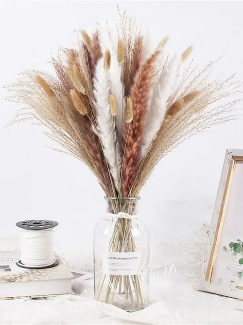 bouquet fleurs séchées herbe pampa naturelle beige blanc rose pâle décoration maison rustique