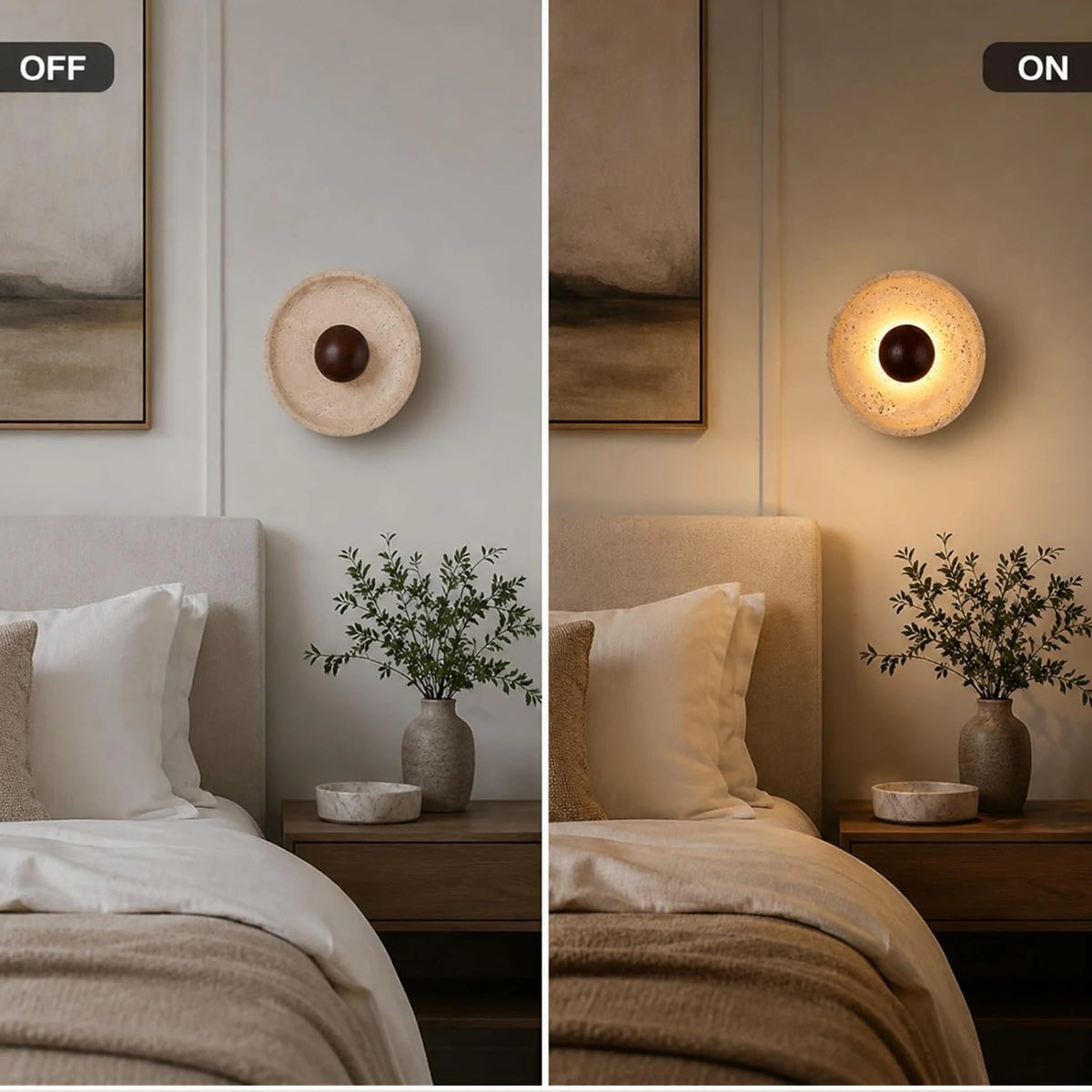 lampe murale pierre naturelle led beige marron foncé texture bois minimaliste fixée mur opaque