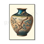 Vase japonais décoré de fleurs et d'un paysage pittoresque avec un arbre noueux.