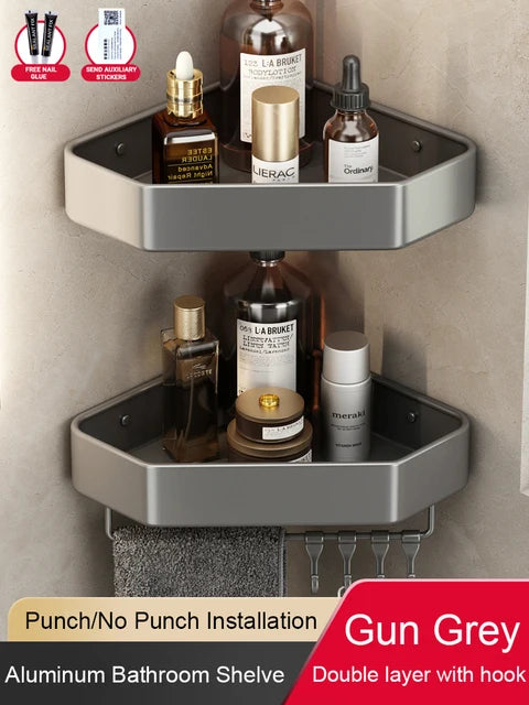 étagère salle bain moderne adhésive métal gris plat niveaux crochets rangement góc