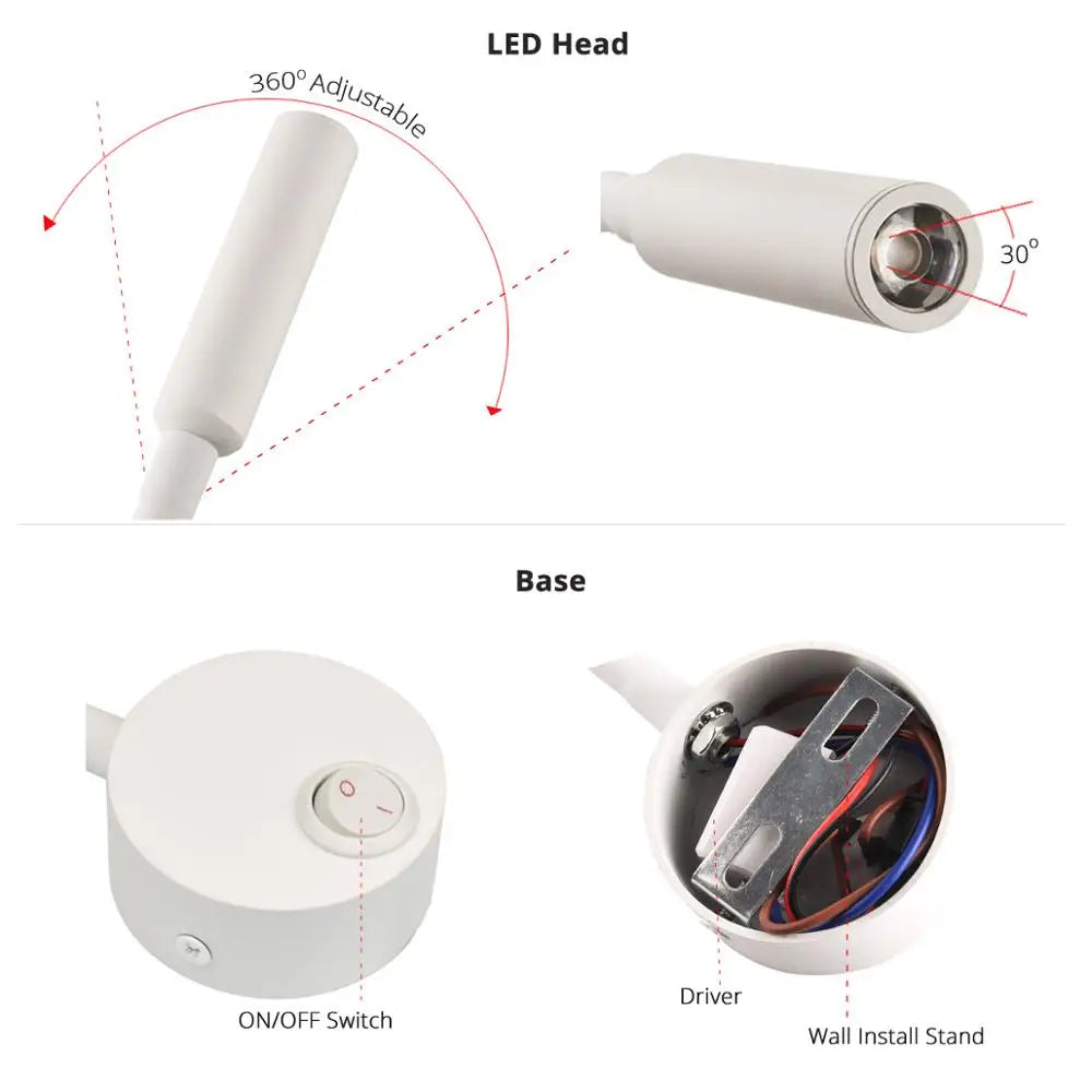 lampe murale led flexible aluminium lecture chevet moderne blanc noir argent