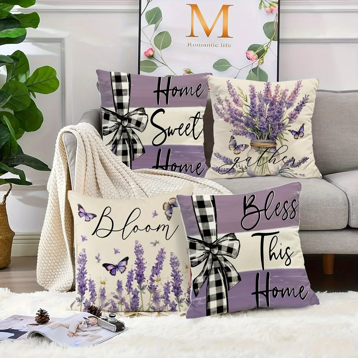 housse coussin fleurs lavande vintage maison chambre salon 40x40 45x45 50x50 60x60 polyester zipper