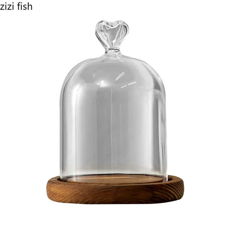 cloche verre transparent base bois bougie parfumée pinçon décoratives