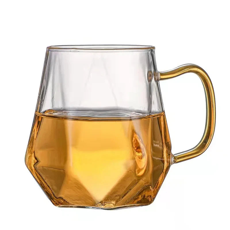 carafe verre transparent moderne tasses thé facettes géométriques poignées dorées couvercles dorés élégantes