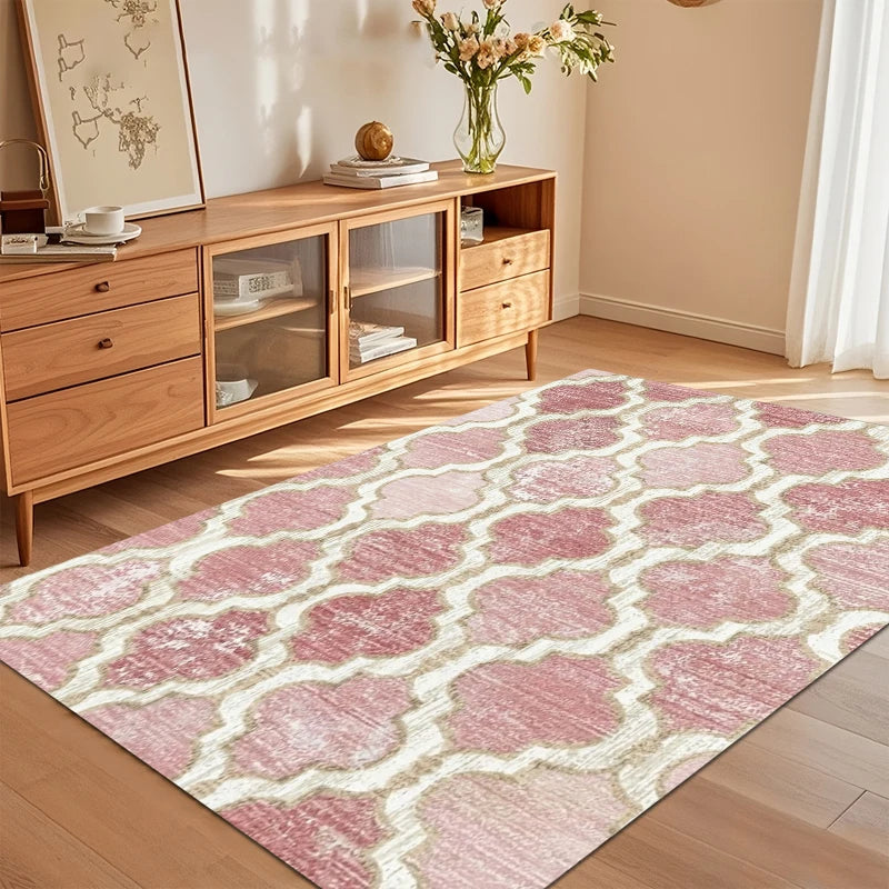 tapis moderne rose clair motif géométrique polyester antidérapant salon chambre coucher
