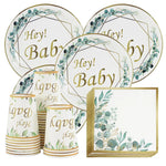 assiettes jetables anniversaire enfant vert doré hey baby guirlande feuilles textes festifs verres serviettes