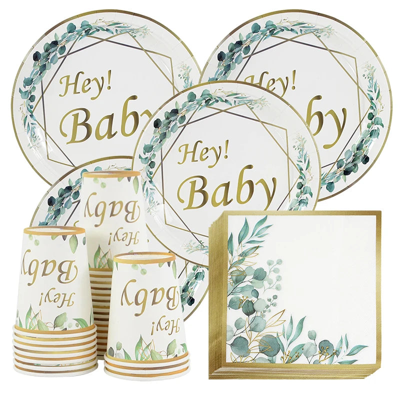 assiettes jetables anniversaire enfant vert doré hey baby guirlande feuilles textes festifs verres serviettes