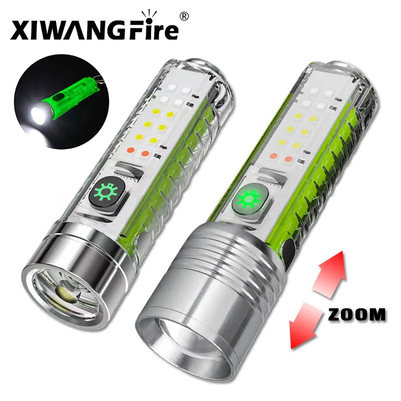 lampe torche rechargeable led 30w lumiere intense argentee vert aimants puissants mode regulation zoom