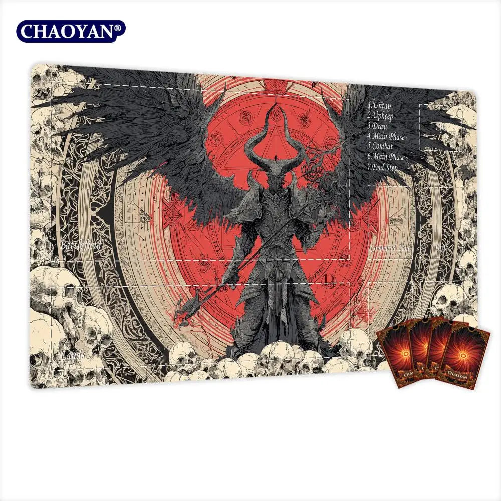 tapis jeu gothique art personnages ailes cartes rouge noir gris