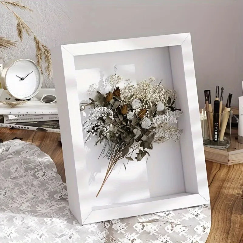 cadre photo moderne résine carré posé table mur blanc noir éléments naturels