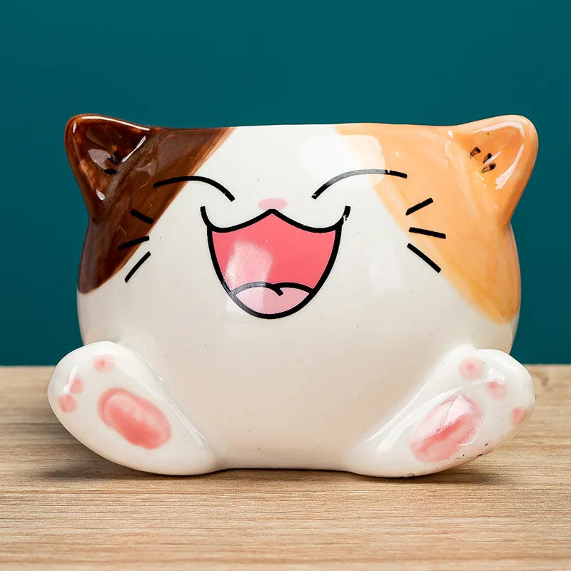 cache pot forme chat cartoon miniature deco plante verte blanc rose orange