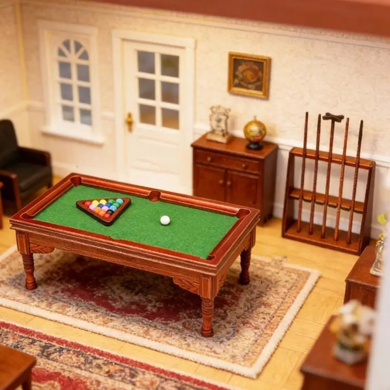 billard miniature bois classique tapis vert billes queue support accessoires maison poupées 12