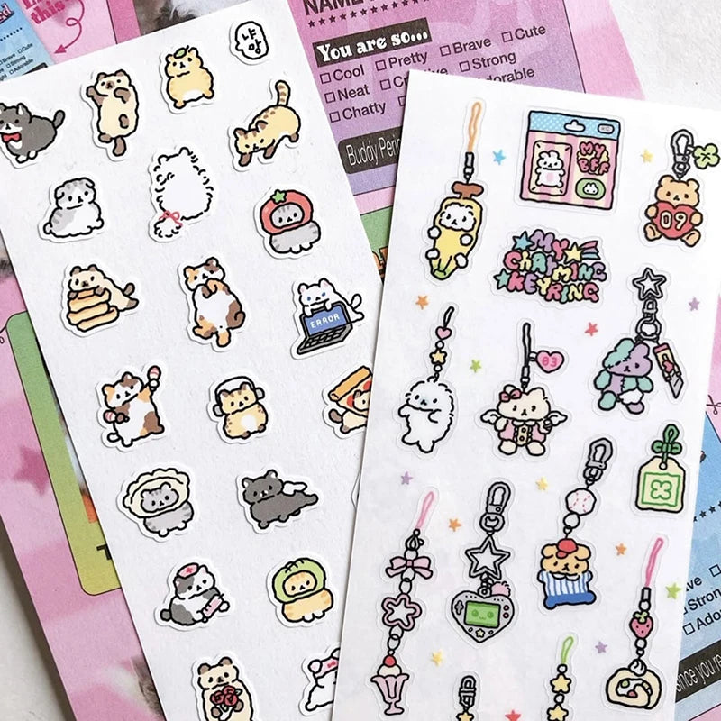 sticker kawaii animal mignon dessin animé rose blanc bleu vert gris noir adhésif personnages