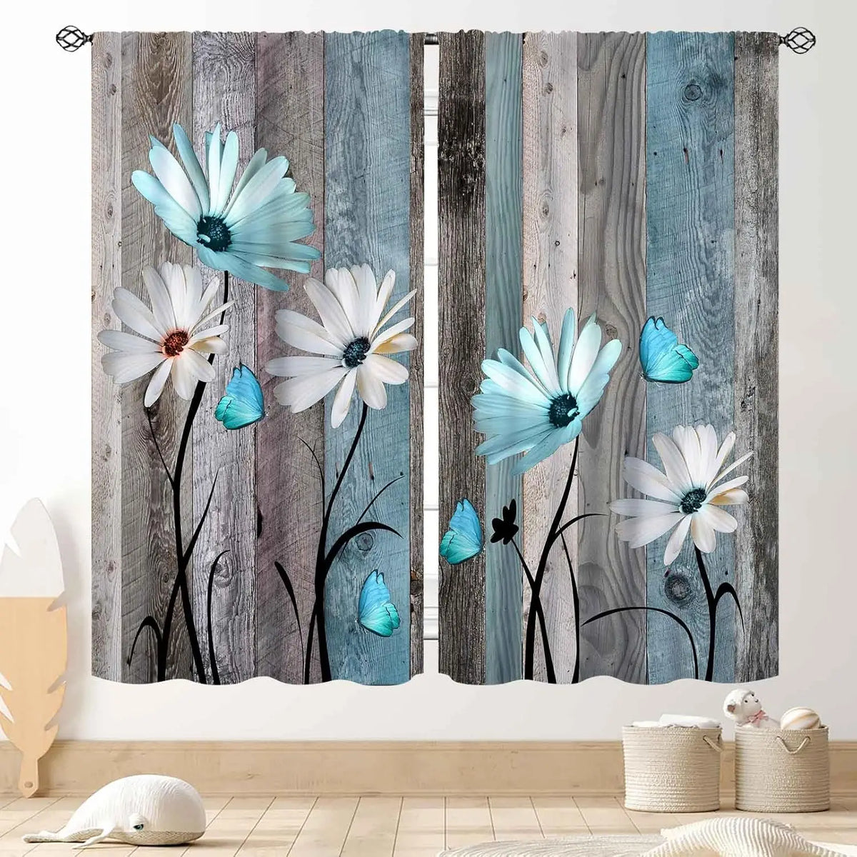 rideaux imprimé marguerites papillons champêtre fleurs sauvages opaque maison hospitalité commerce