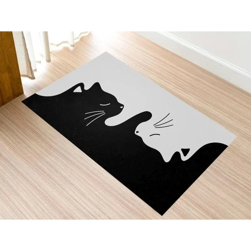 tapis moderne motif chats floral noir blanc orange dimension 30x50cm 40x60cm
