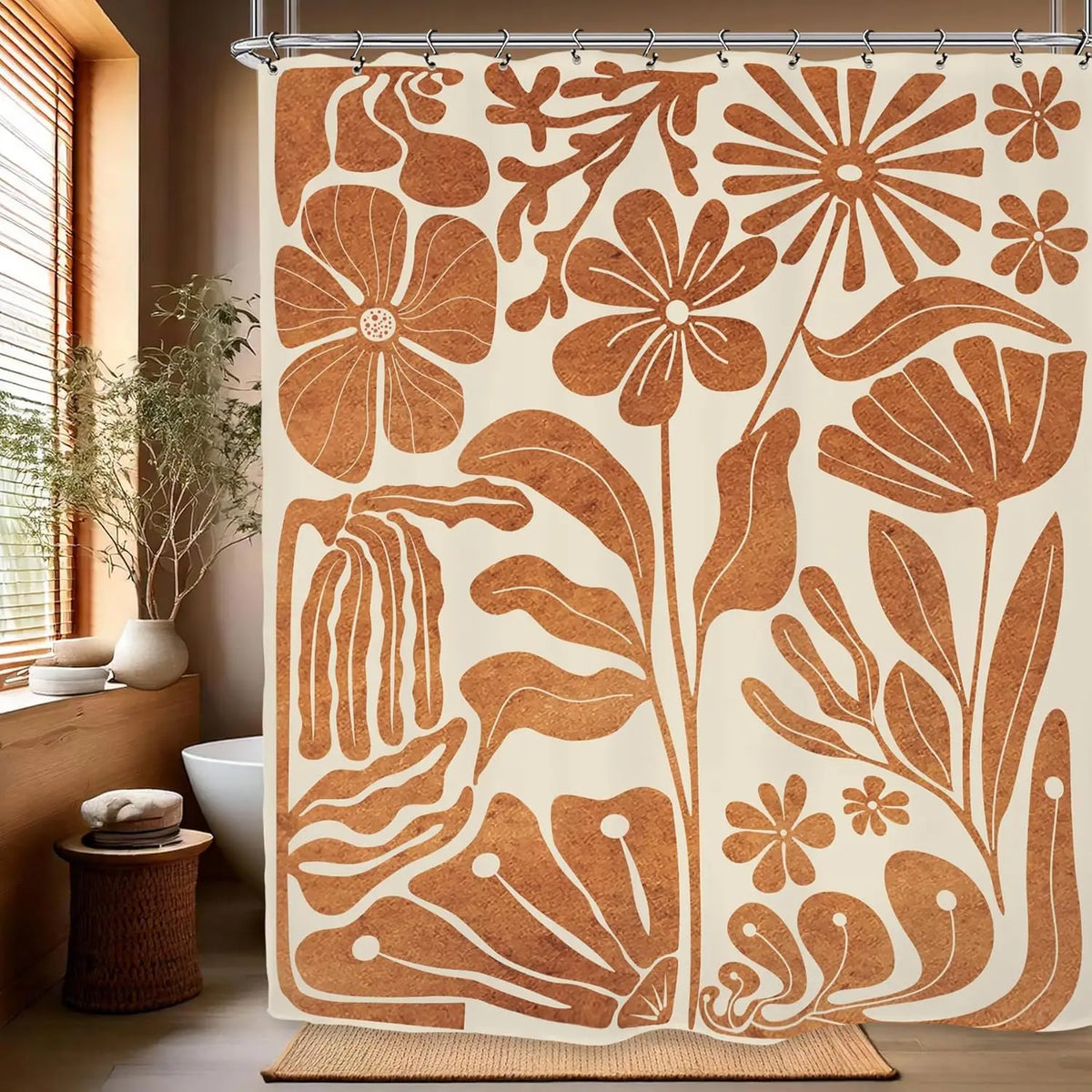 rideau douche moderne fleurs stylisées beige marron opaque polyester 180x200cm decoration bain