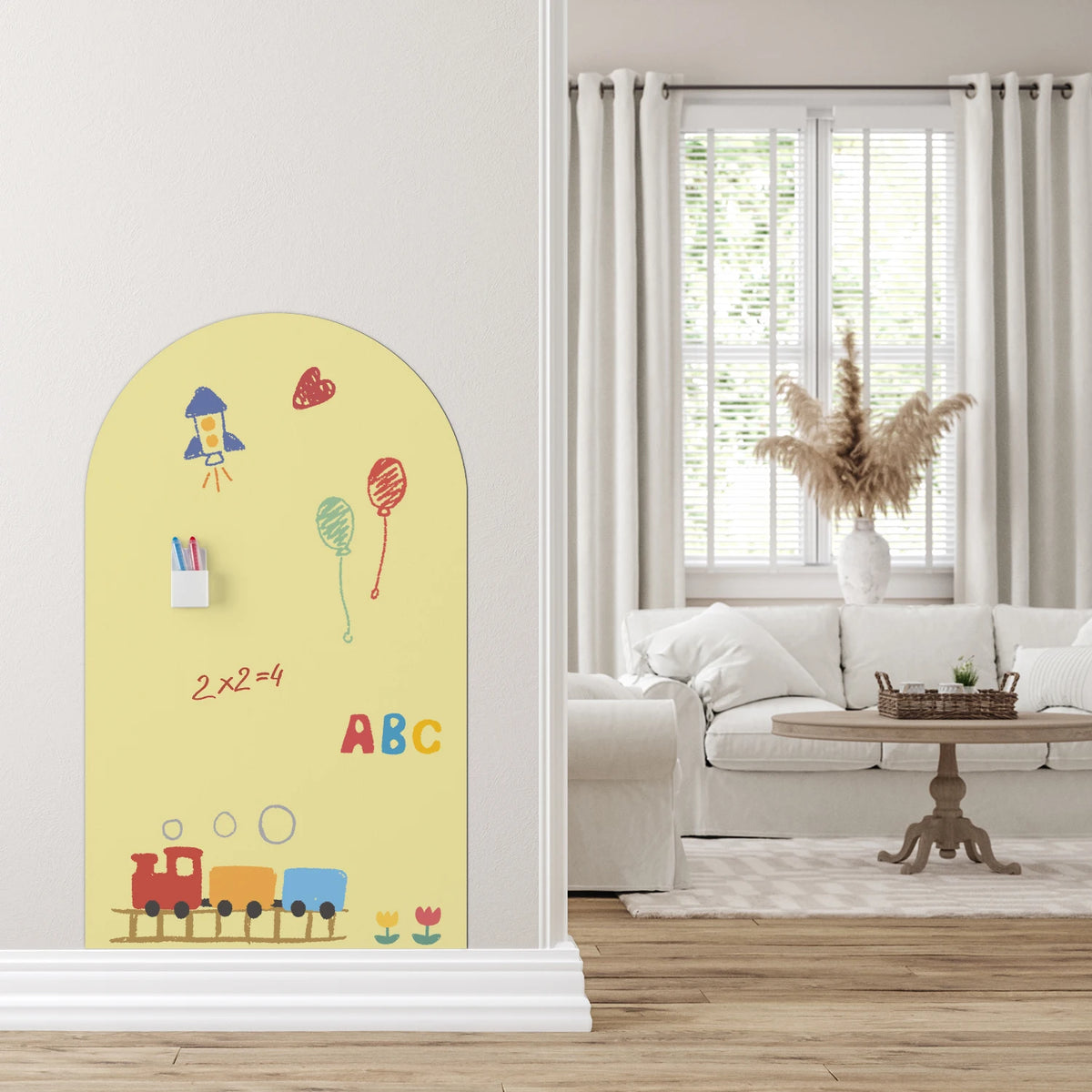 tableau blanc effaçable moderne adhésif crayons couleur motifs animaux jaune clair enfantin opaque chambre