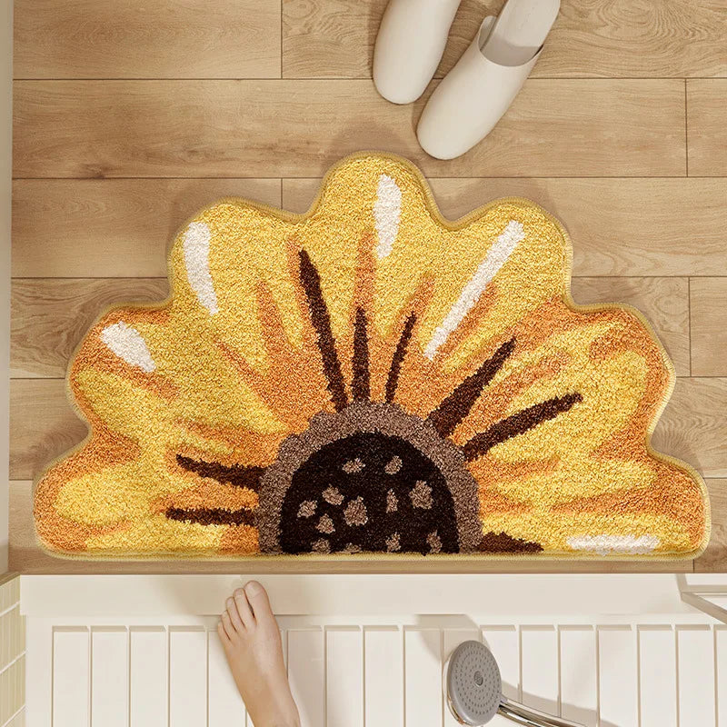 tapis bain fleurs tournesols marguerites blanc jaune vert marron texturé imperméable résistant décoloration