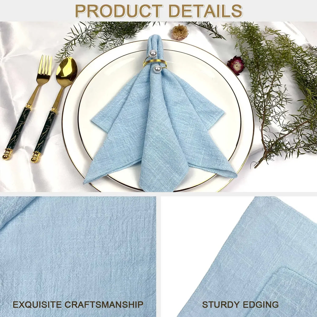 serviette lin bleu clair classique anneau métallique ruban coton fleur herbe séchée table mariage