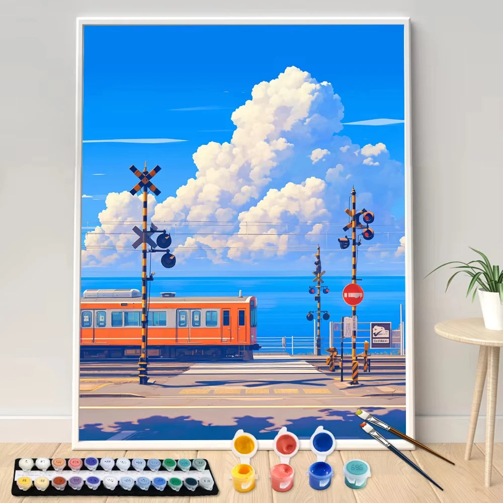 kit peinture numéros tableau paysage train toile pinceaux couleurs